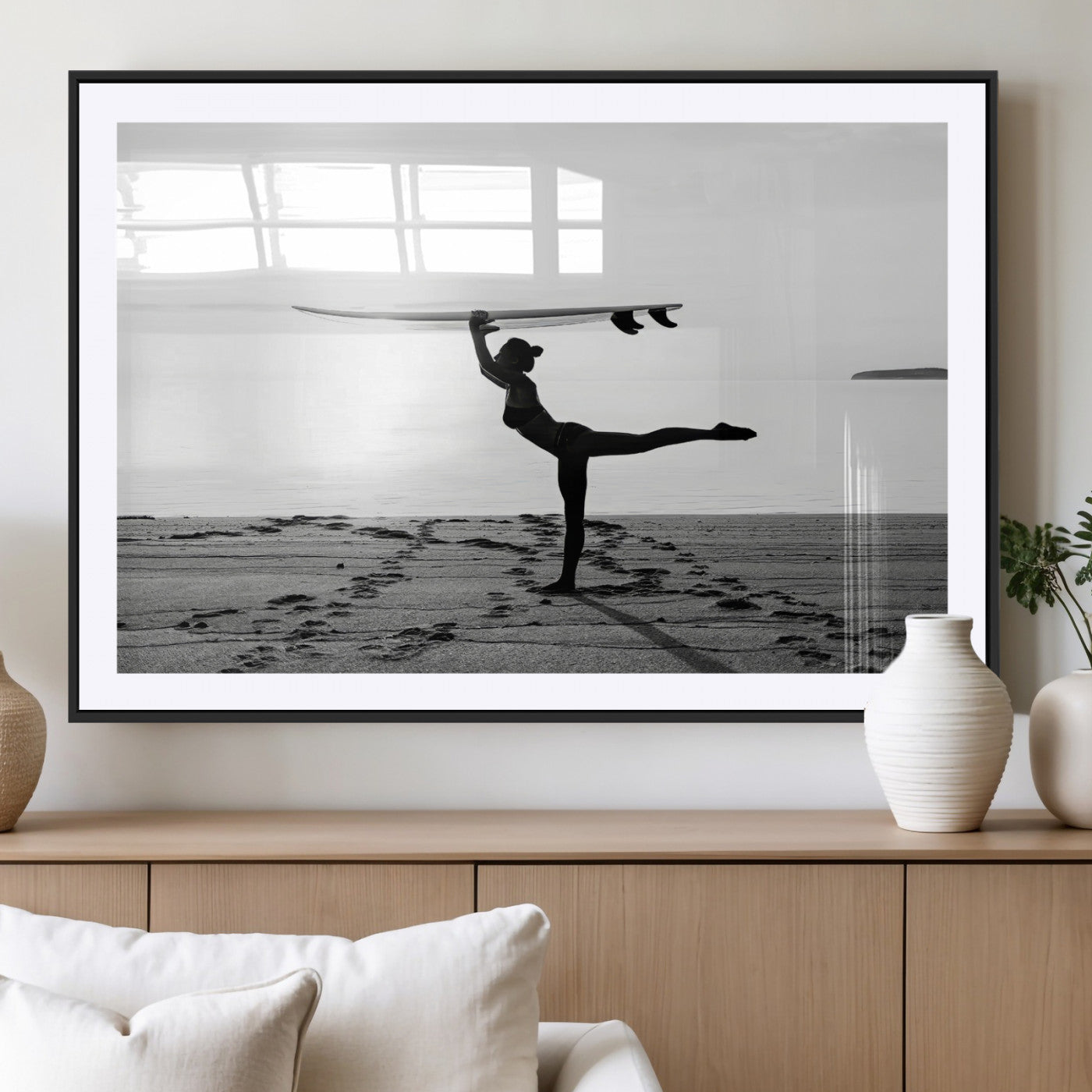 MGC-FP-36x24 - Yoga Surf Wall Art Canvas Print, Framed Black White Shore Art Picture Print, Peaceful Ocean Perfect Minimalist Coastal Decor Artwork