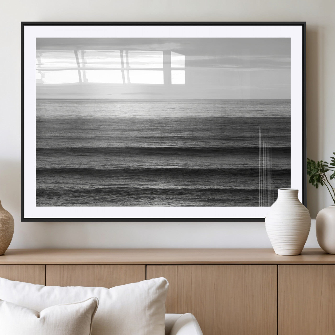 MGC-FP-36x24 - Monochrome Ocean Wall Art Canvas Print, Framed Moody Ocean Art Picture Print, Calm Ocean Perfect Minimalist Coastal Decor Artwork