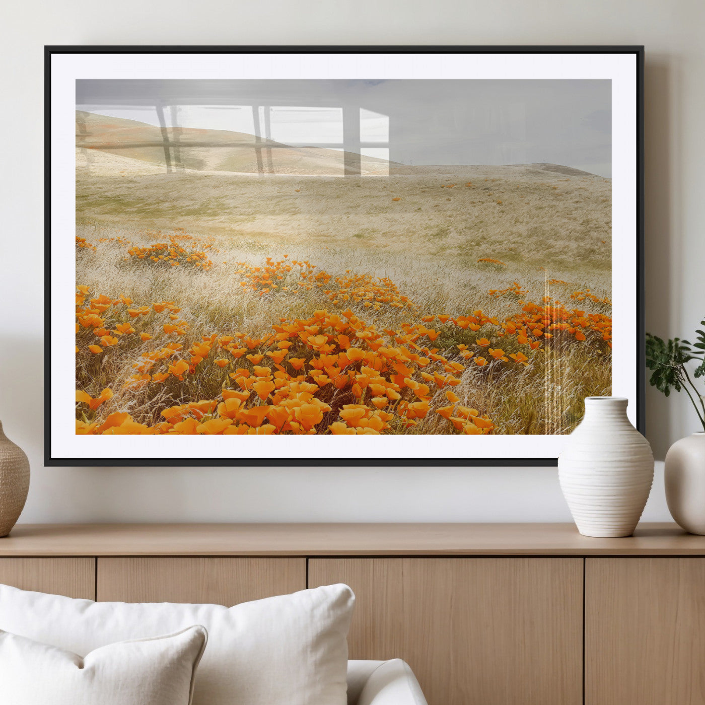 MGC-FP-36x24 - Golden Wildflowers Wall Art Canvas Print, Framed Hills Bloom Art Picture Print, Poppy Meadow Perfect Rustic Nature Decor Artwork