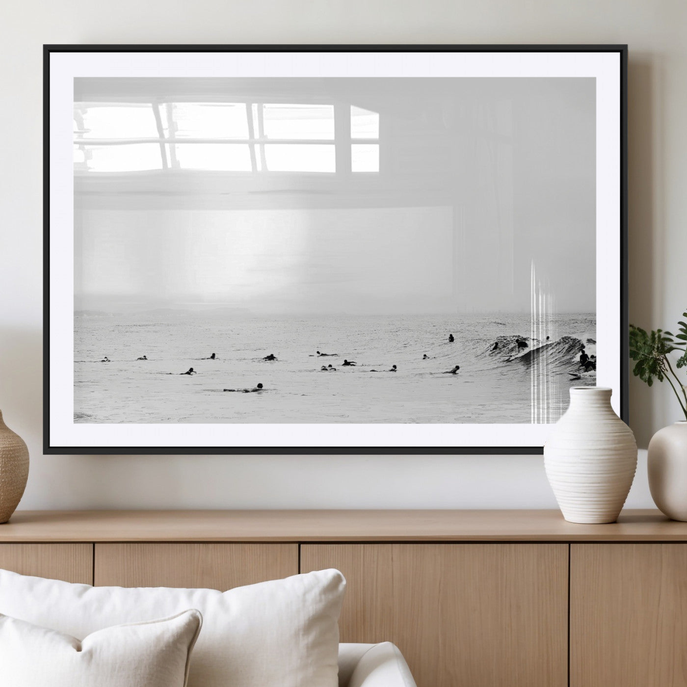 MGC-FP-36x24 - Monochrome Swimming Wall Art Canvas Print, Framed Ocean Horizon Art Picture Print, Moody Coastal Perfect Minimalist Coastal Decor Artwork
