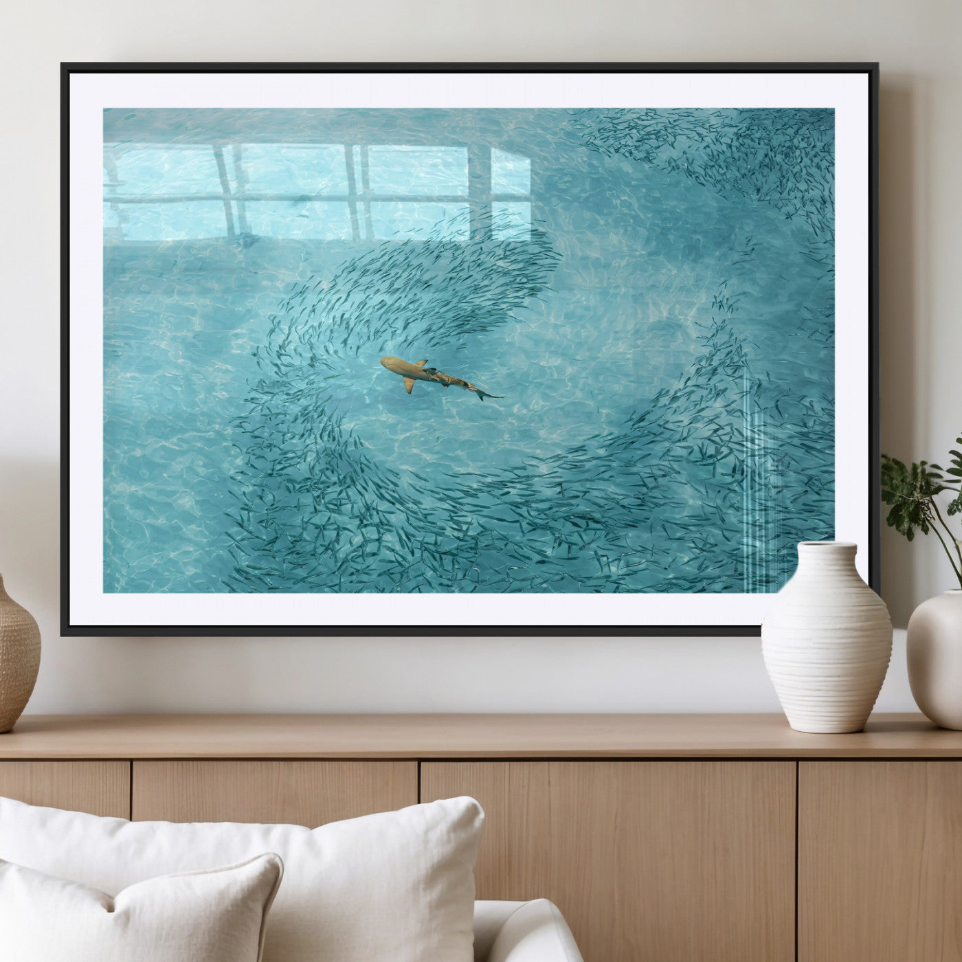 MGC-FP-36x24 - Fish Swarm Wall Art Canvas Print, Framed Marine Life Art Picture Print, Shark Aerial Perfect Wildlife Coastal Decor Artwork