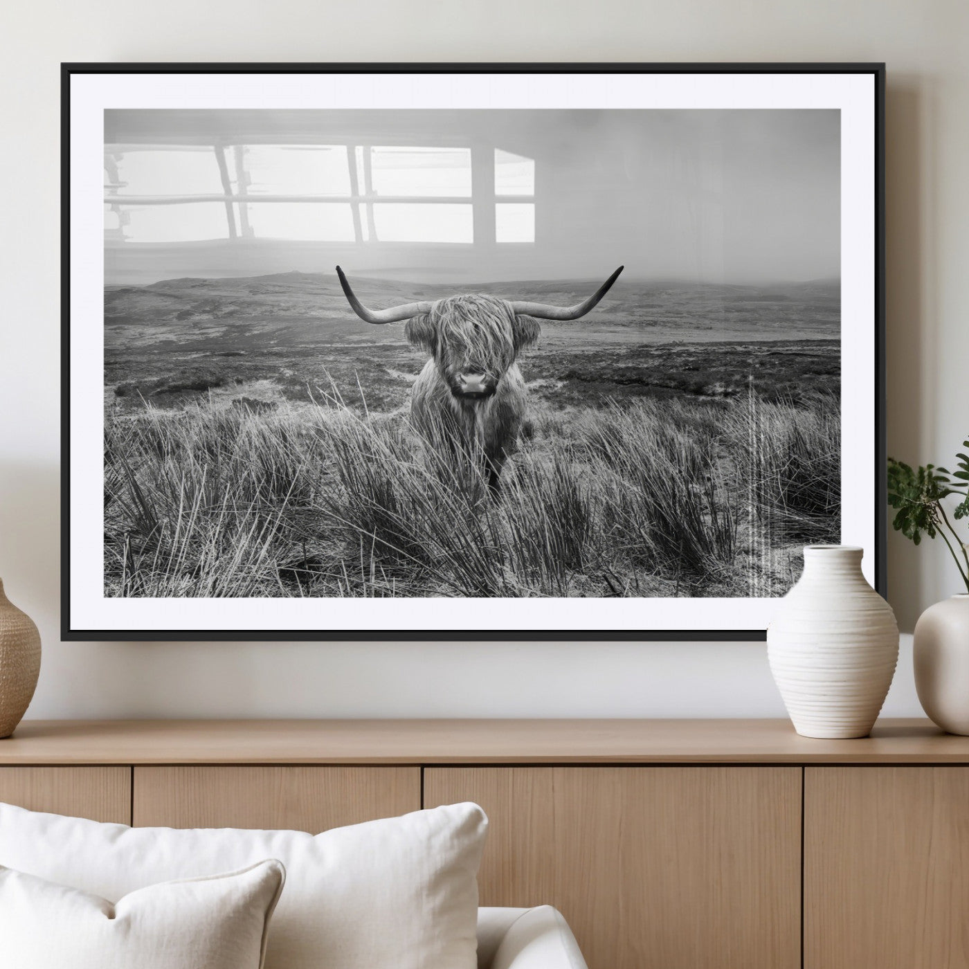 MGC-FP-36x24 - Monochrome Highland Cow Wall Art Canvas Print, Framed Scottish Bull Art Picture Print, Lone Cattle Perfect Rustic Farmhouse Decor Artwork