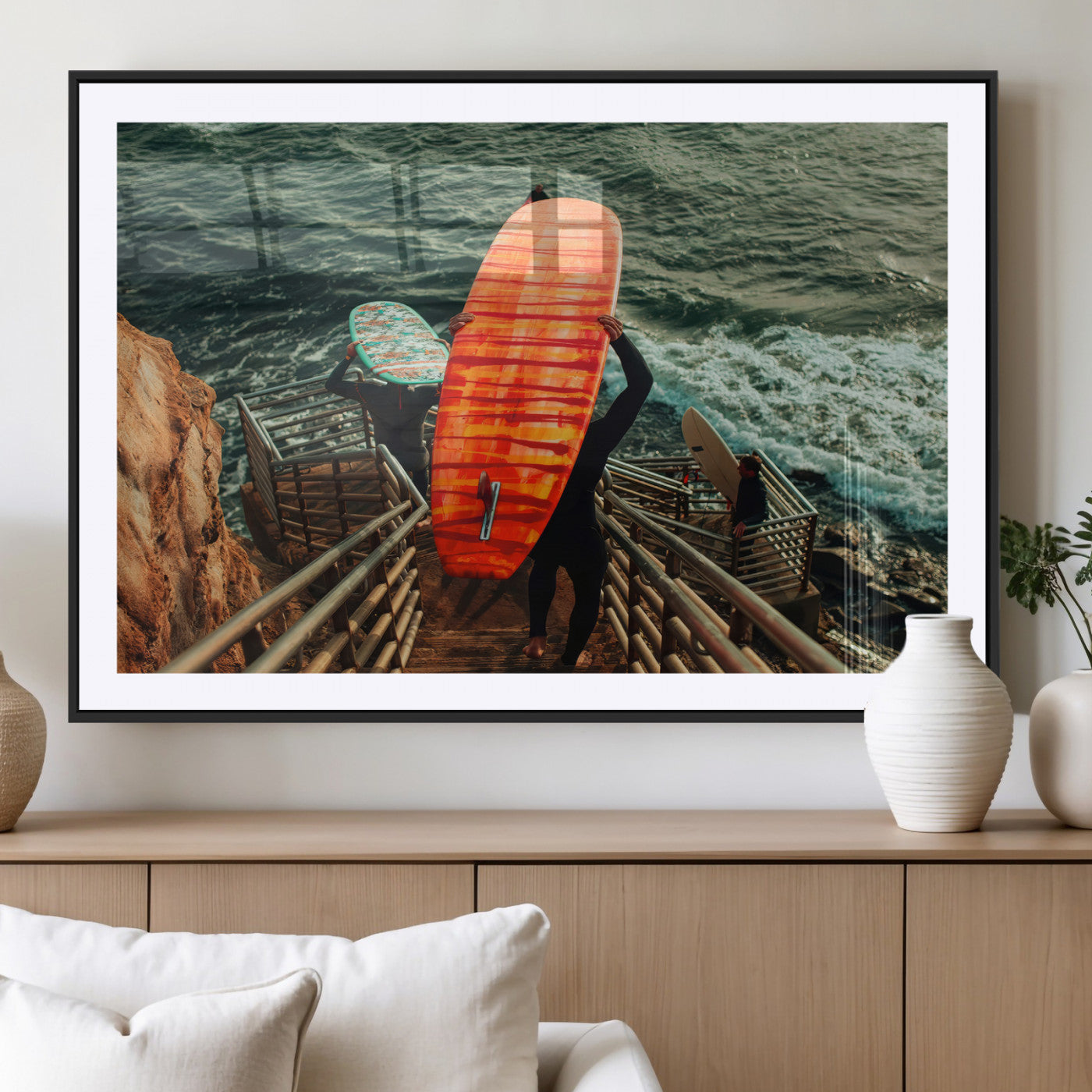 MGC-FP-36x24 - Surfer Stairway Wall Art Canvas Print, Framed Ocean Surf Art Picture Print, Sunset Coastal Perfect Coastal Adventure Decor Artwork