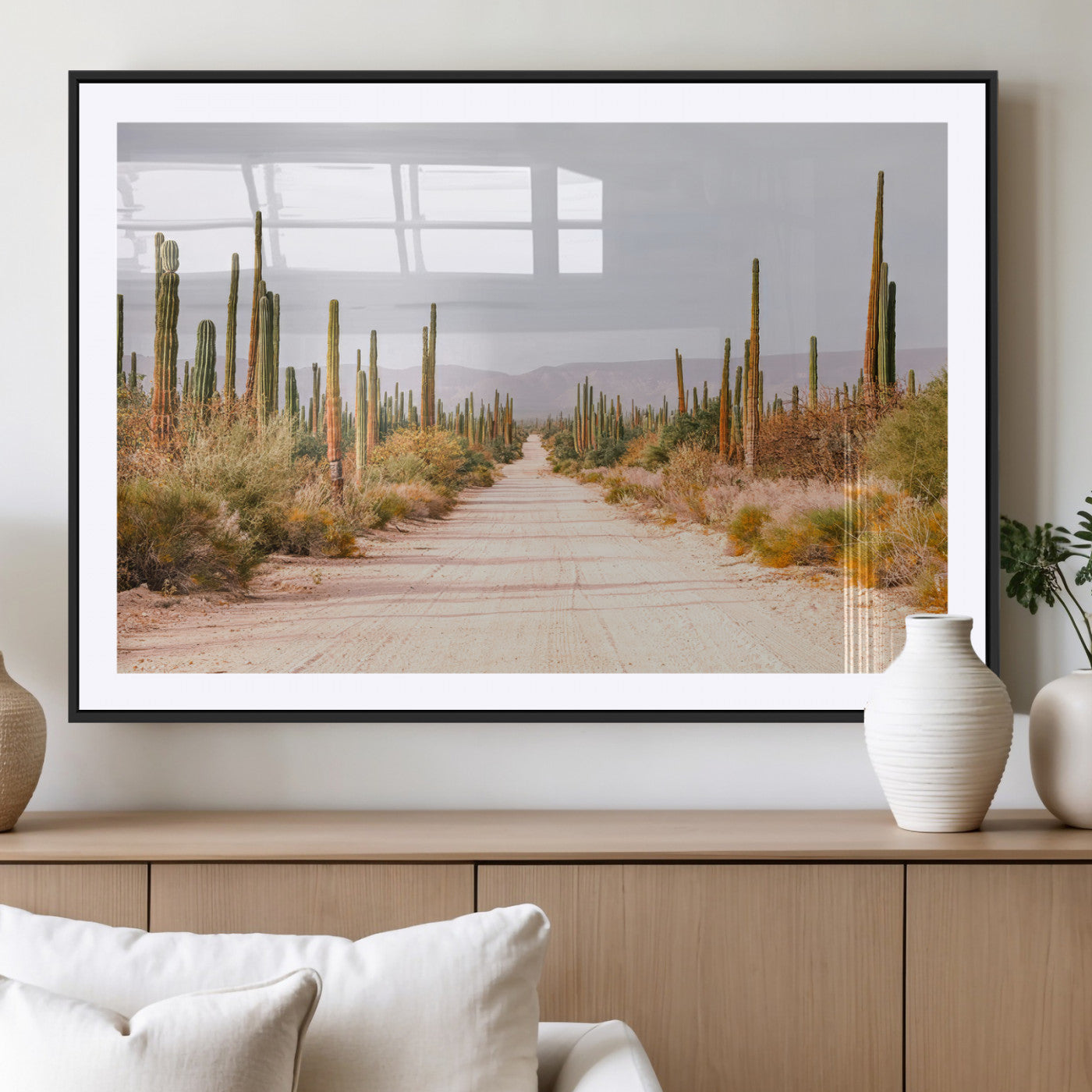 MGC-FP-36x24 - Desert Cactus Lined Road Wall Art Canvas Print, Framed Southwestern Landscape Art Picture Print, Bohemian Western Aesthetic Perfect Southwestern Boho Decor Artwork
