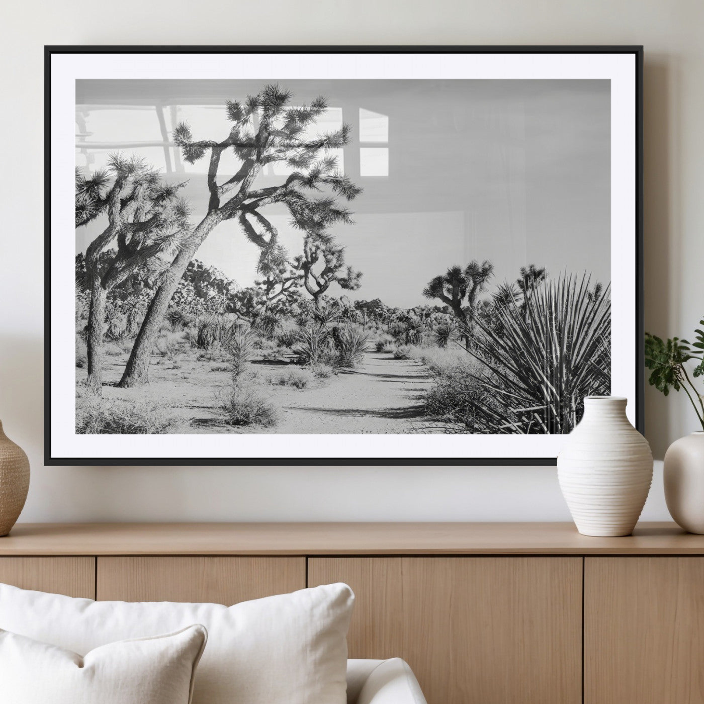 MGC-FP-36x24 - Joshua Tree Wall Art Canvas Print, Framed Desert Path Art Picture Print, Monochrome Desert Perfect Minimalist Desert Decor Artwork