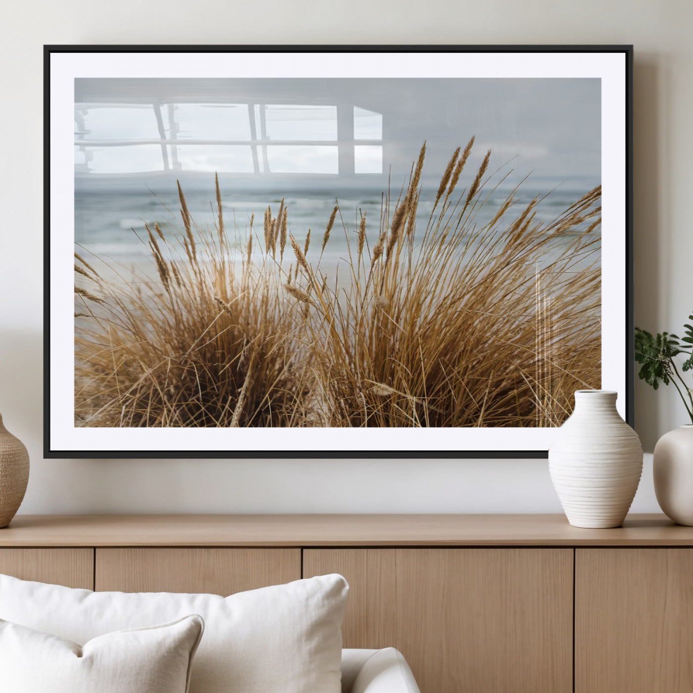 MGC-FP-36x24 - Beach Grass Wall Art Canvas Print, Framed Coastal Dunes Art Picture Print, Dune Grass Perfect Coastal Minimalist Decor Artwork