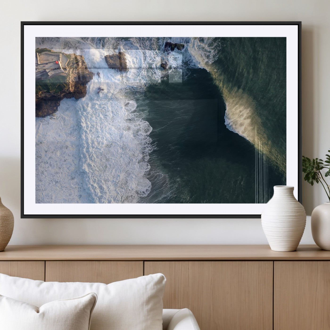 MGC-FP-36x24 - Nazaré Coast Wall Art Canvas Print, Framed Aerial Ocean Art Picture Print, Coastal Fortress Perfect Dramatic Coastal Decor Artwork
