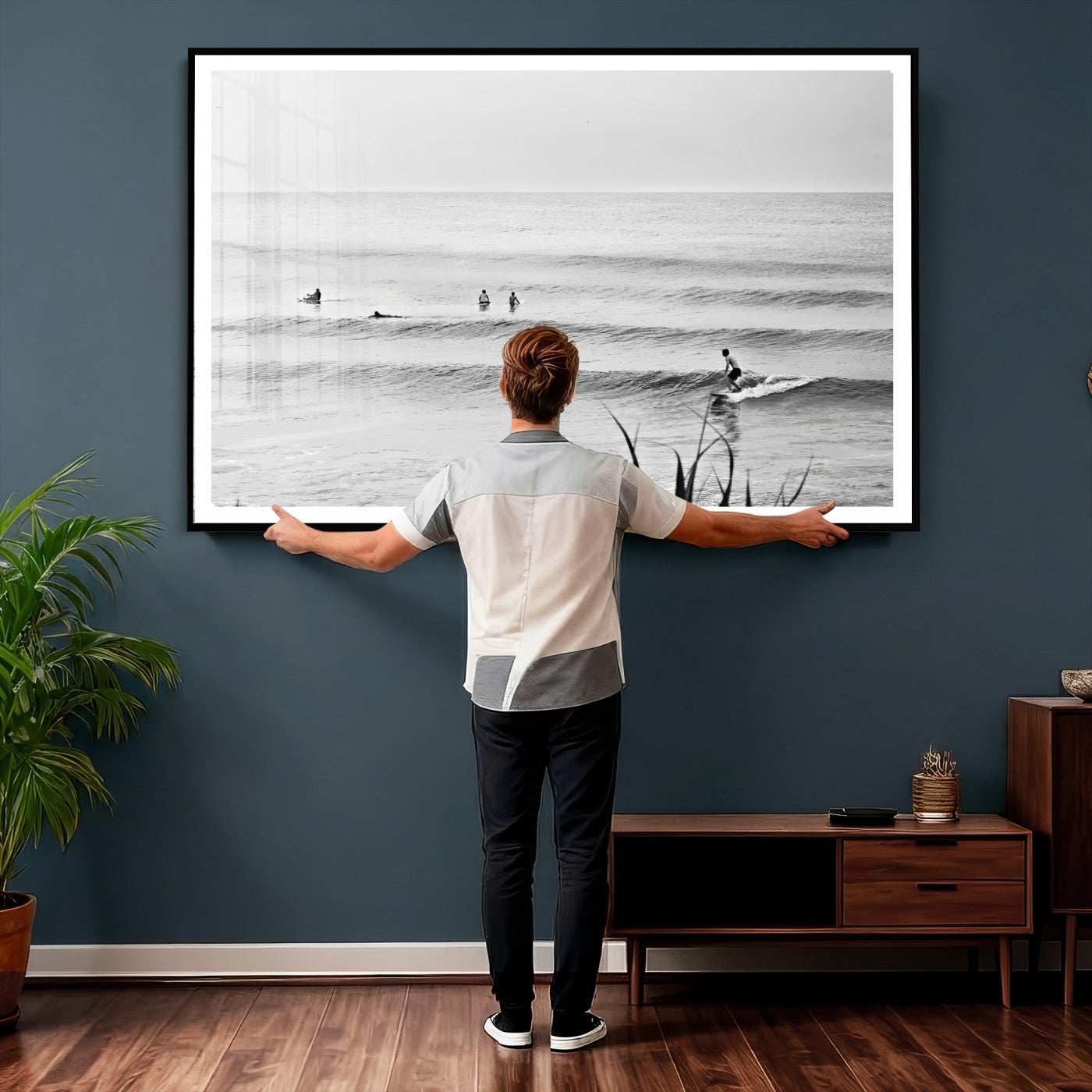 33821421-MGV-CV-36X24 - Surfer Silhouette Wall Art Canvas Print, Framed Calm Ocean Art Picture Print, Monochrome Surf Minimalist Coastal Decor Artwor
