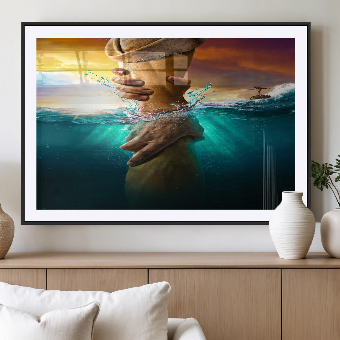 A dramatic scene of a hand reaching underwater and being lifted, symbolizing rescue and faith, ideal for spiritual or Christian wall decor.