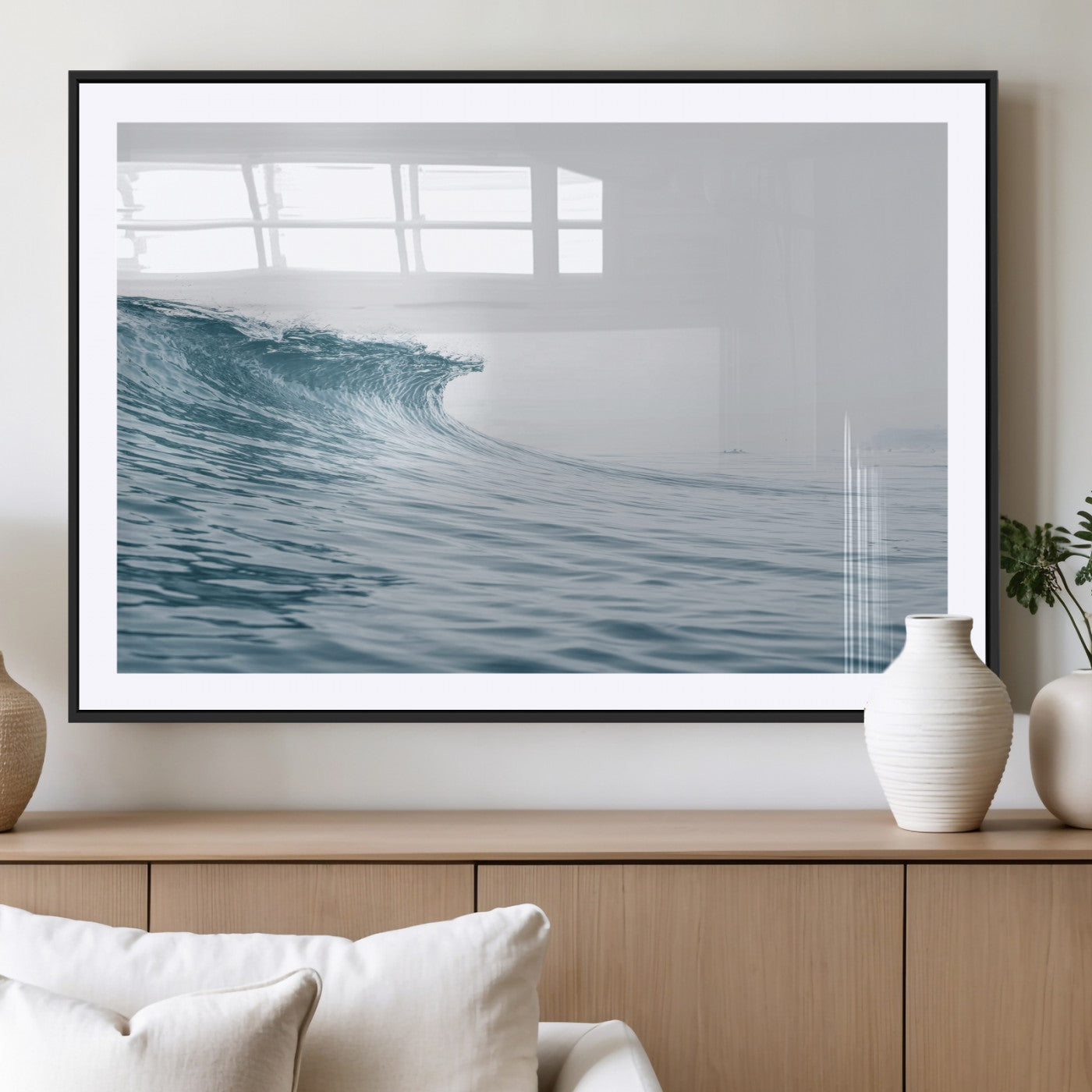 A single ocean wave curling in soft blue tones under a misty sky, ideal for coastal or minimalist home wall decor.