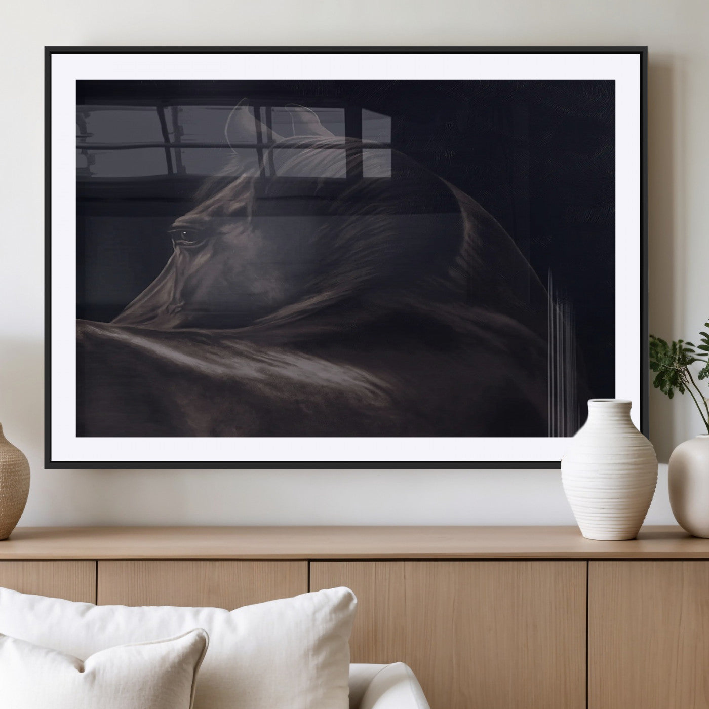 Moody black horse portrait with dramatic lighting on dark background, ideal for rustic, modern or Western style home decor.