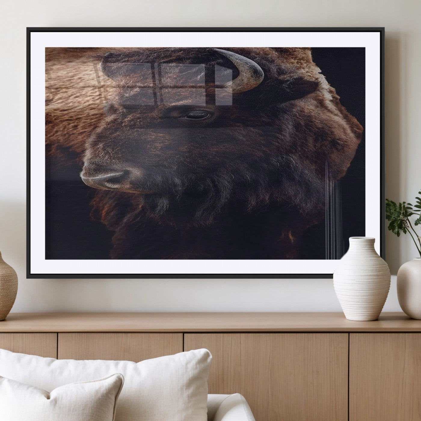 Close-up portrait of a bison with dark fur on a black background, perfect for rustic, lodge, or Western-style interior wall decor.