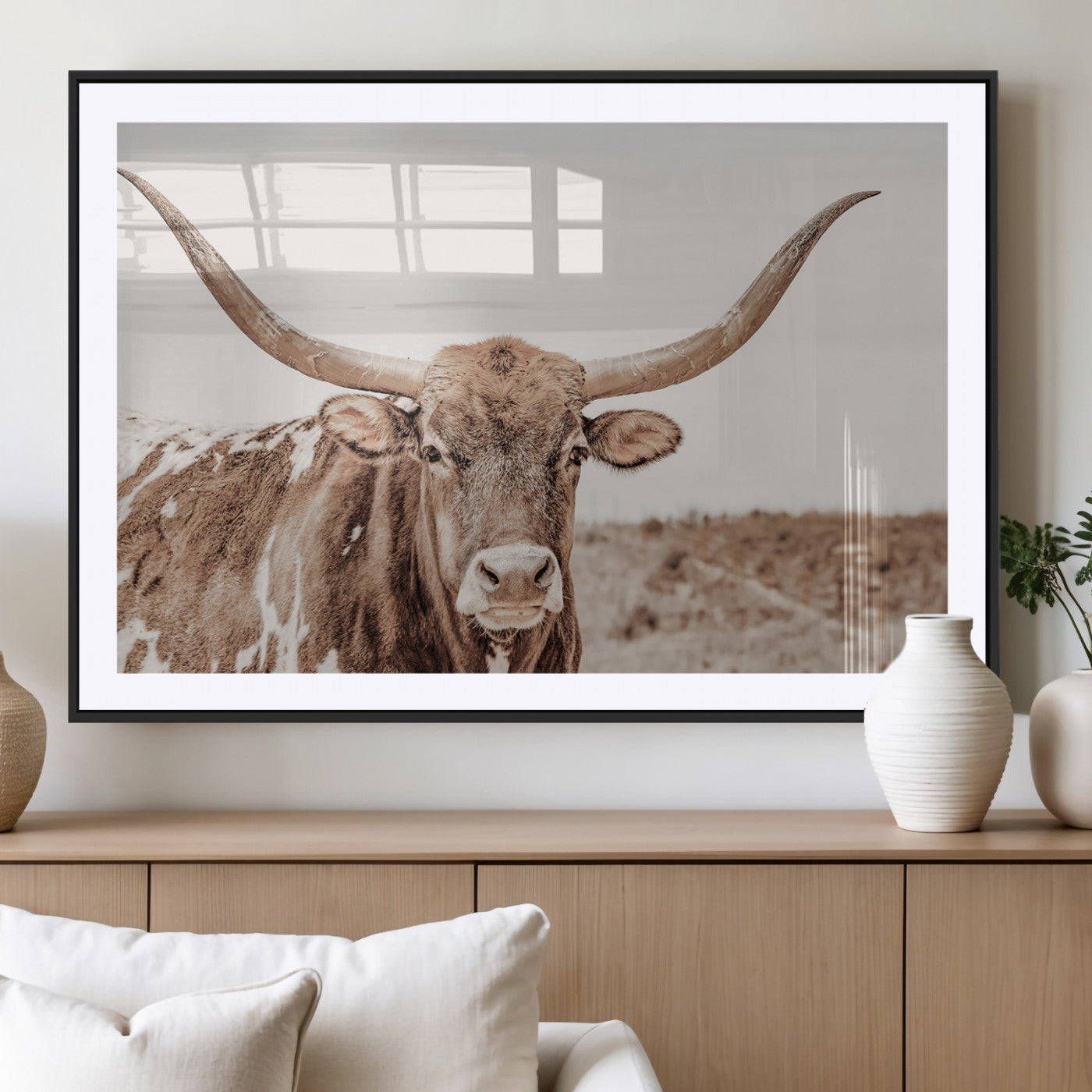 MGC-FP-36x24 - Longhorn Cow Wall Art Canvas Print, Framed Texas Ranch Art Picture Print, Western Bull Perfect County Decor Artwork