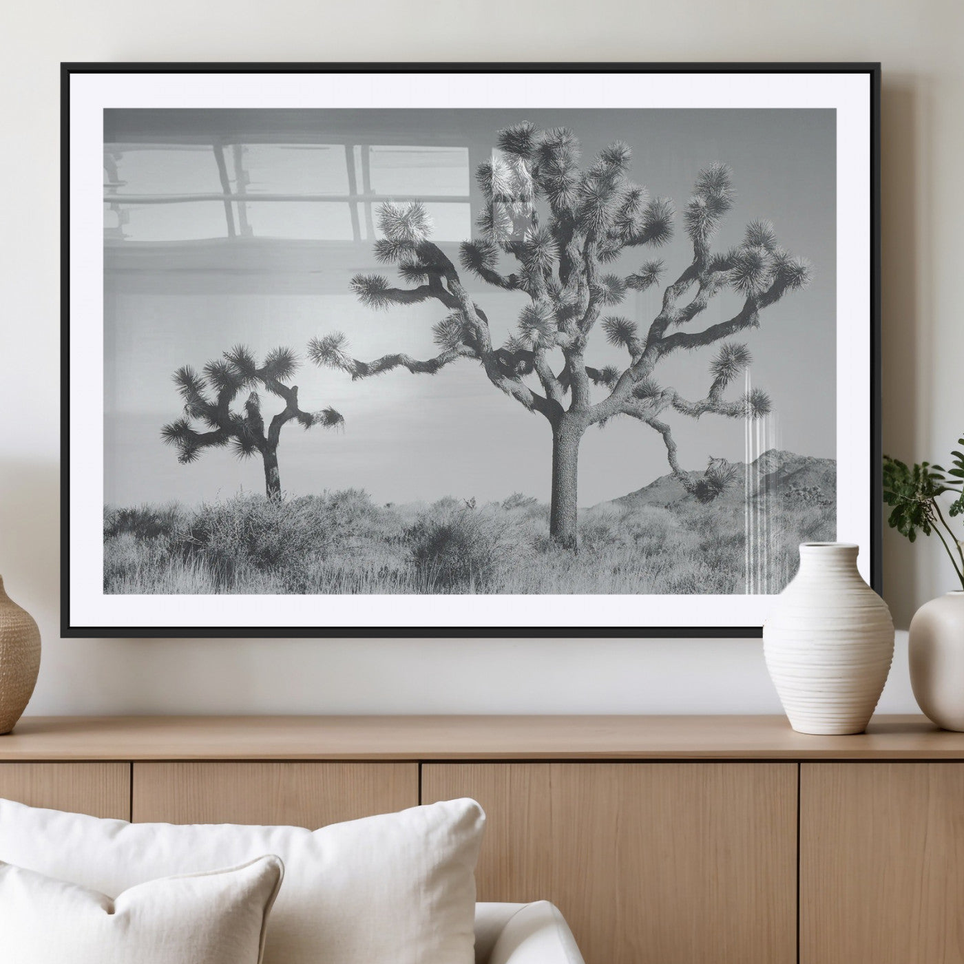 MGC-FP-36x24 - Joshua Tree Wall Art Canvas Print, Framed Black White Landscape Art Picture Print, Desert Tree Decor Perfect Southwestern Decor Artwork