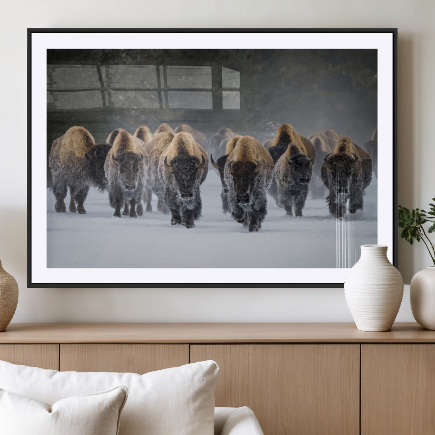 41669135-MGV-CV-36X24 - Winter Bison Herd Wall Art – Majestic Buffalo Charge Canvas Print with Snow Covered Plains, Rustic Wildlife Strength and Untamed Nature Decor for Home and Office
