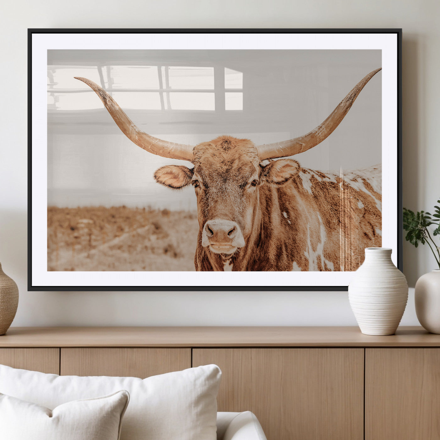 MGC-FP-36x24 - Longhorn Bull Wall Art Canvas Print, Framed Western Cow Art Picture Print, Rustic Farmhouse Perfect Neutral Farmhouse Decor Artwork