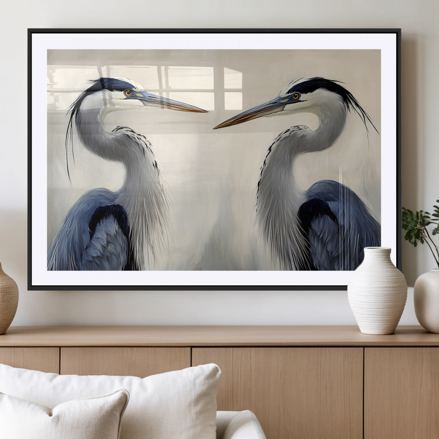 MGC-FP-36x24 - Blue Heron Pair Wall Art Canvas Print, Framed Coastal Bird Theme Art Picture Print, Tranquil Wildlife Scene Perfect Coastal Minimalist Decor Artwork