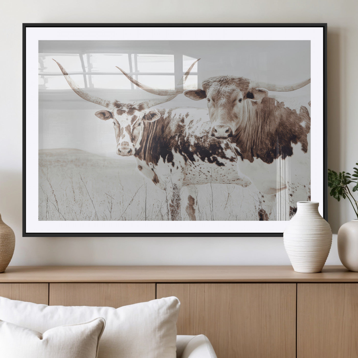 MGC-FP-36x24 - Longhorn Wall Art Wall Art Canvas Print, Framed Western Cow Canvas Art Picture Print, Rustic Farm Decor Perfect Rustic Farmhouse Decor Artwork