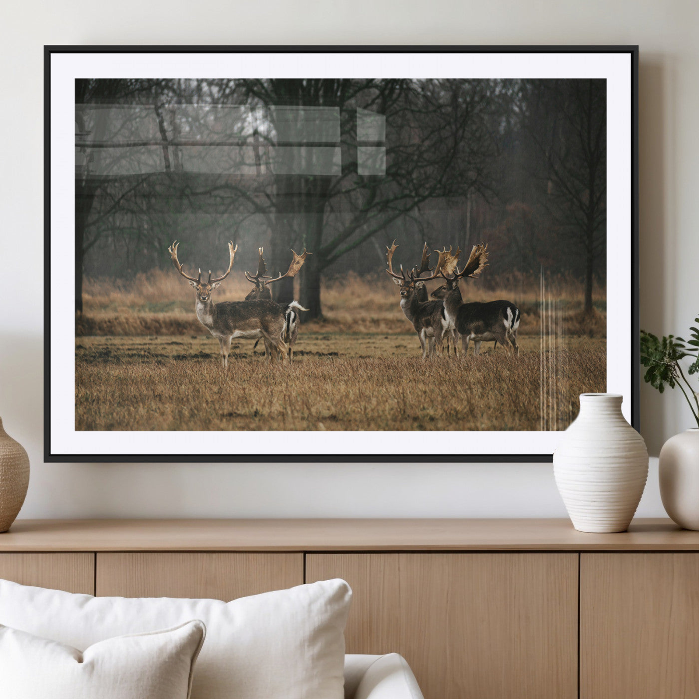 MGC-FP-36x24 - Deer Photography Wall Art Canvas Print, Framed Rustic Wildlife Art Picture Print, Stags In Forest Perfect Rustic Wilderness Decor Artwork