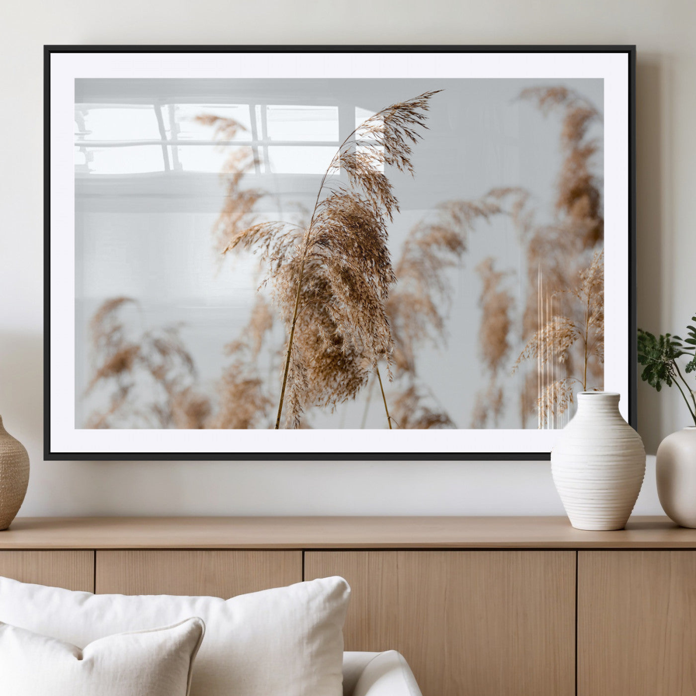 MGC-FP-36x24 - Pampas Grass Wall Art Canvas Print, Framed Neutral Tones Art Picture Print, Minimalist Nature Perfect Boho Decor Artwork