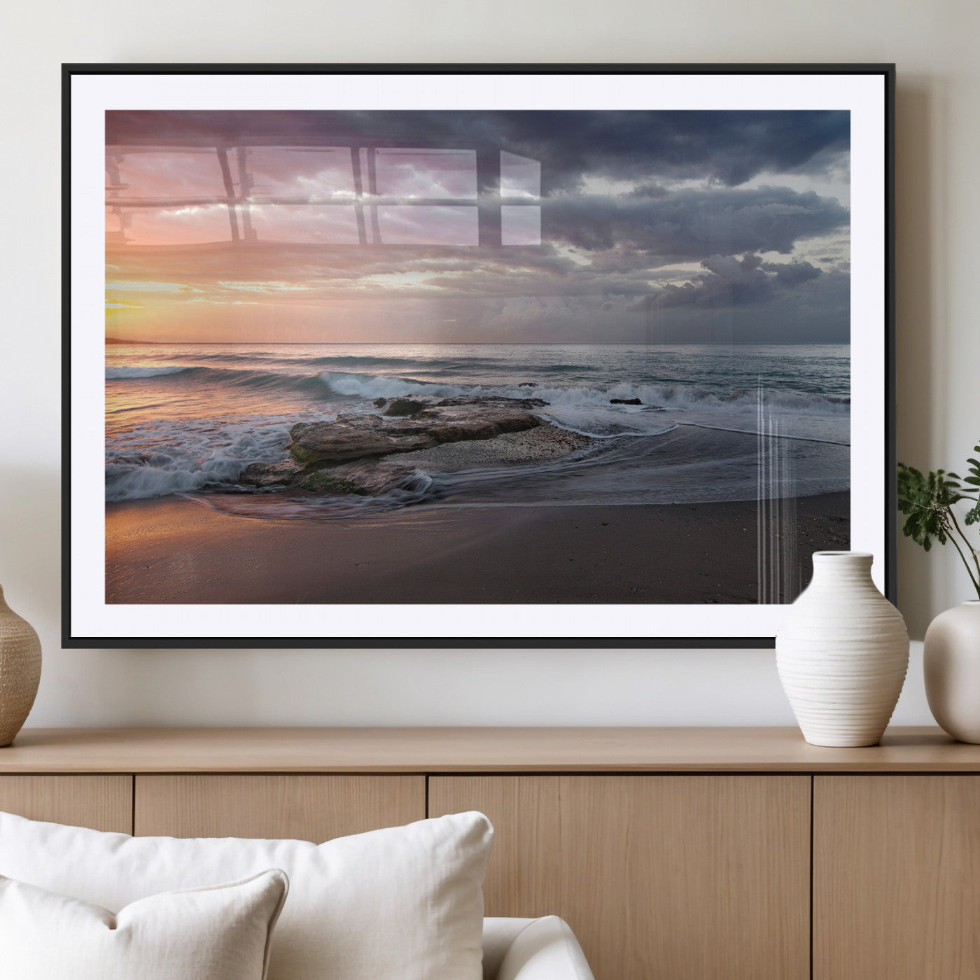 MGC-FP-36x24 - Golden Hour Wall Art Canvas Print, Framed Tranquil Waves Art Picture Print, Beach Perfect Coastal Serenity Decor Artwork