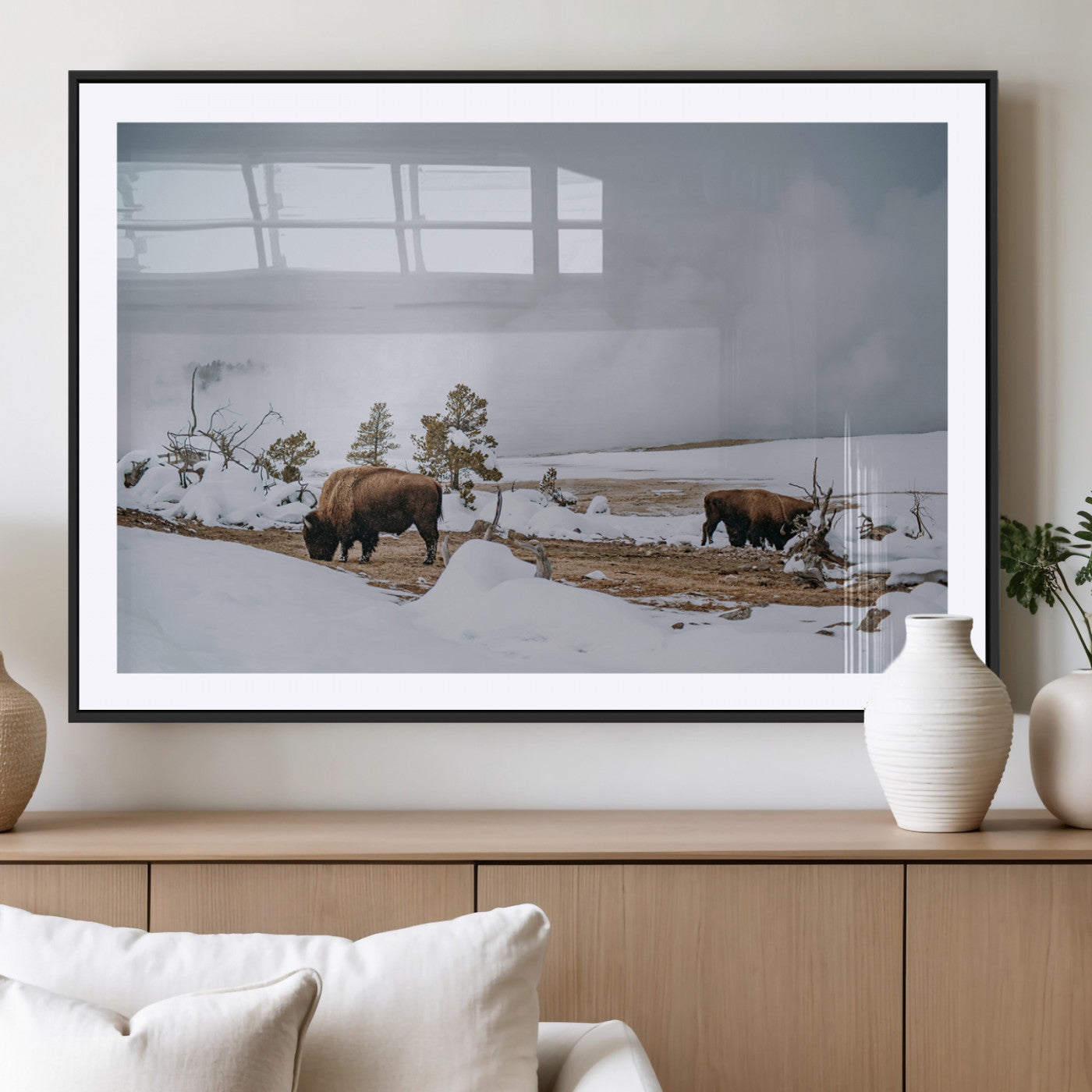 MGC-FP-36x24 - Bison Wildlife Wall Art Canvas Print, Framed Snowy Prairie Art Picture Print, Western Perfect Rustic Decor Artwork