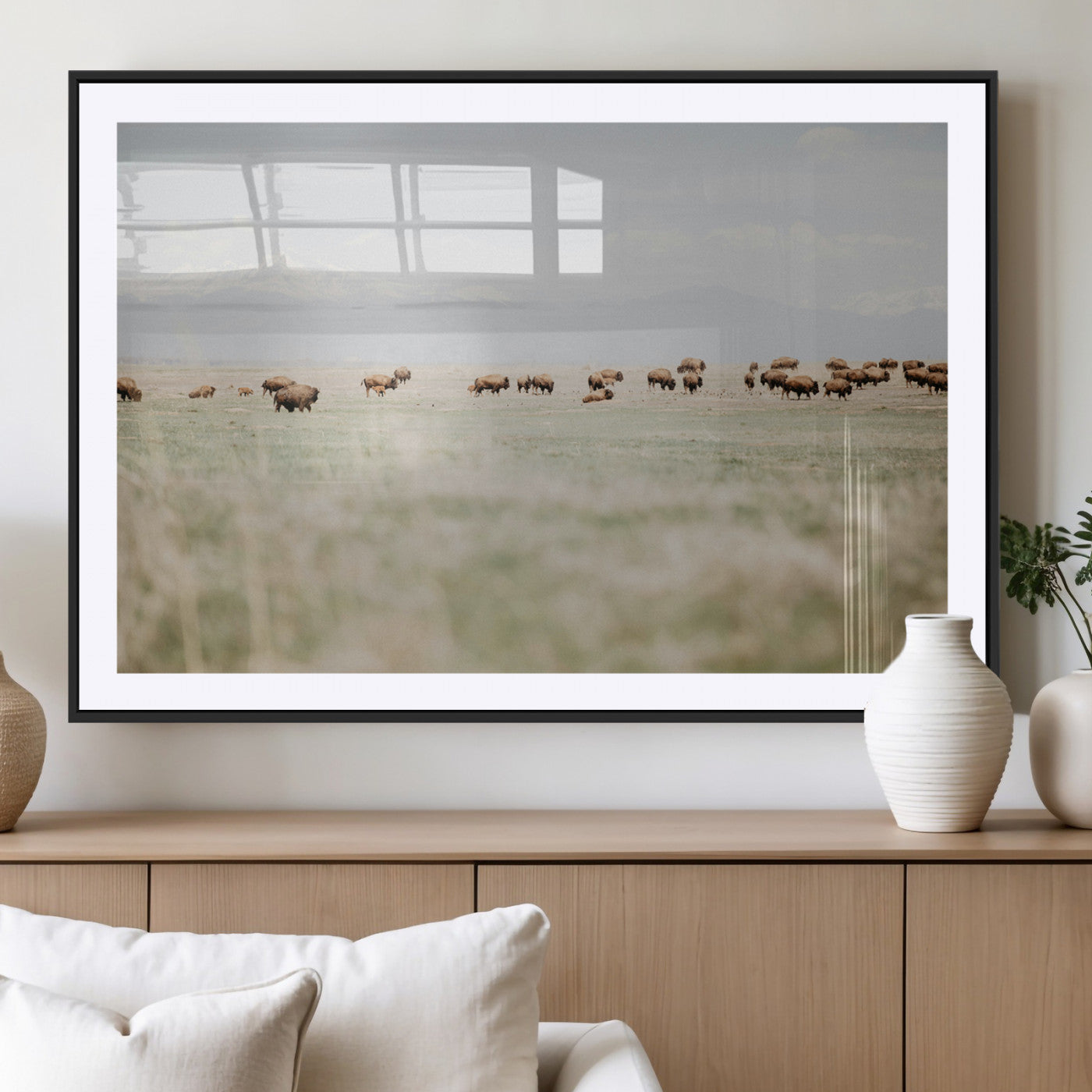 MGC-FP-36x24 - Bison Herd Wall Art Canvas Print, Framed Western Art Picture Print, Bison Perfect Ranch Decor Artwork