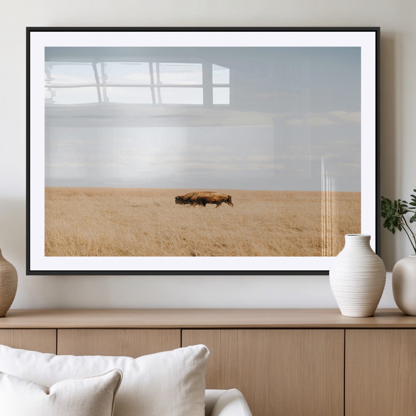 MGC-FP-36x24 - Minimalist Nature Wall Art Canvas Print, Framed Bison In Grassland Art Picture Print, Open Field Perfect Modern Ranch Decor Decor Artwork