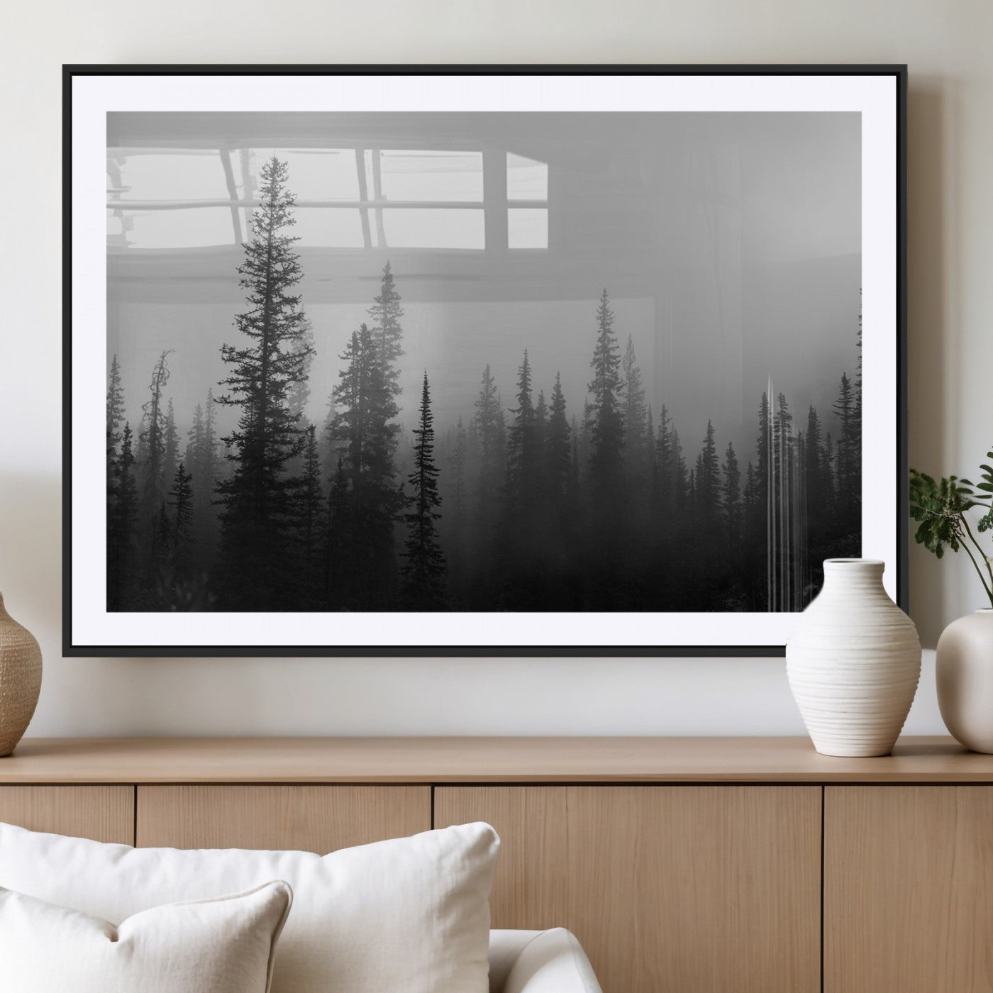 MGC-FP-36x24 - Misty Pines Wall Art Canvas Print, Framed Woodland Photography Art Picture Print, Minimalist Decor Perfect Rustic Decor Artwork