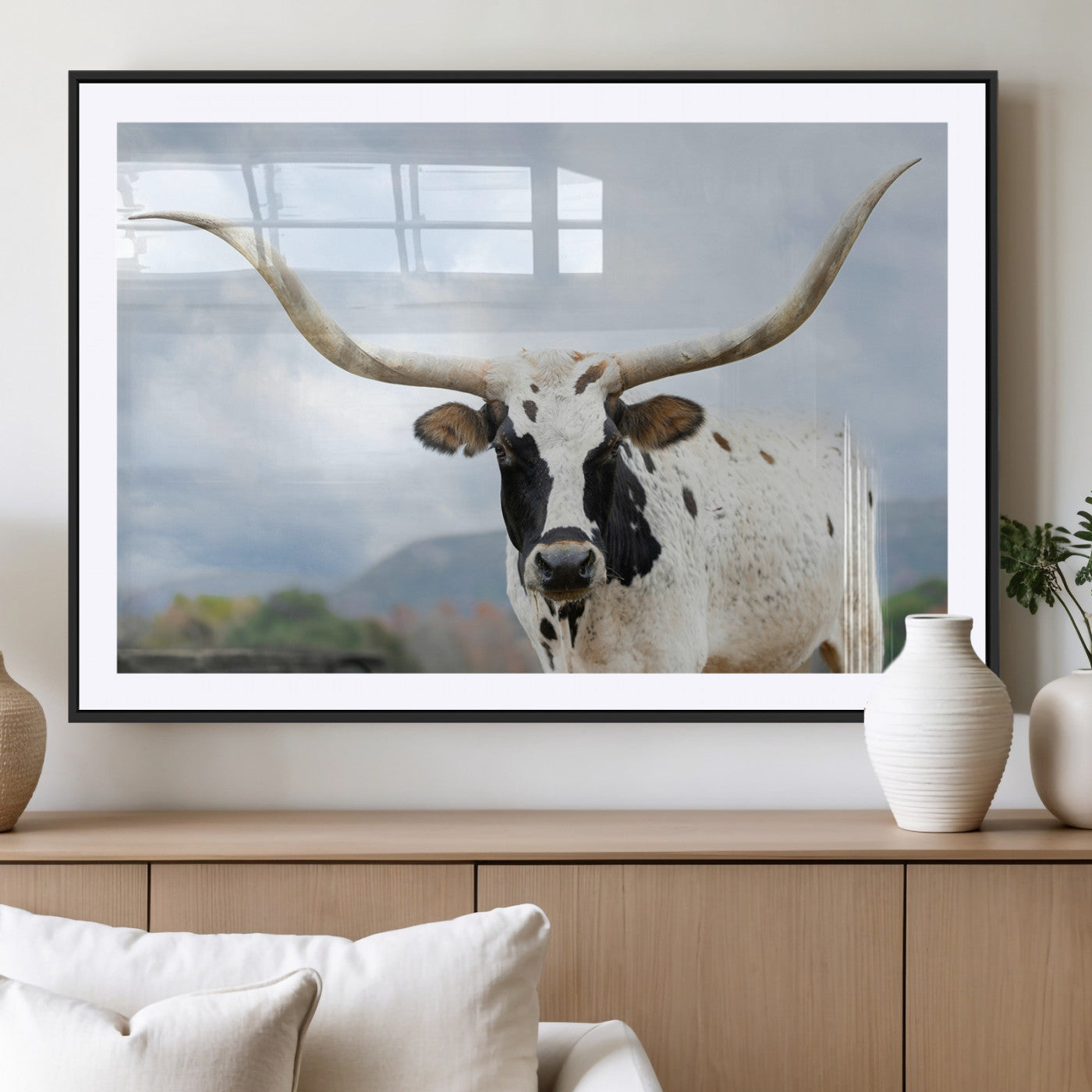 MGC-FP-36x24 - Texas Longhorn Wall Art Canvas Print, Framed Western Rustic Art Picture Print, Farmhouse Decor Perfect Farmhouse Decor Artwork