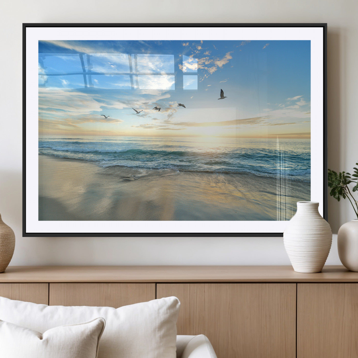MGC-FP-36x24 - Minimalist Seaside Wall Art Canvas Print, Framed Morning Glow Art Picture Print, Golden Reflections Perfect Coastal Minimalist Decor Artwork
