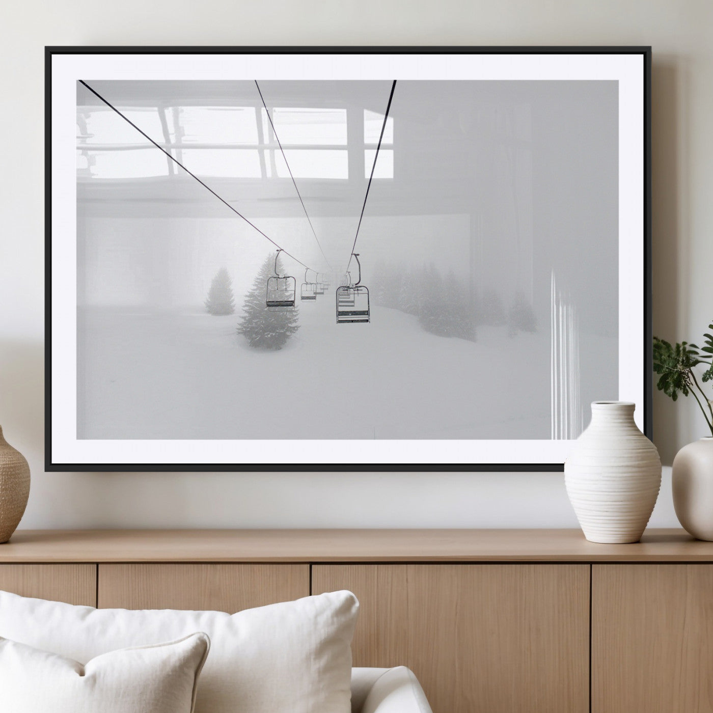 MGC-FP-36x24 - Ski Lift Wall Art Canvas Print, Framed Snowy Landscape Art Picture Print, Alpine Adventure Perfect Nordic Minimalist Decor Artwork