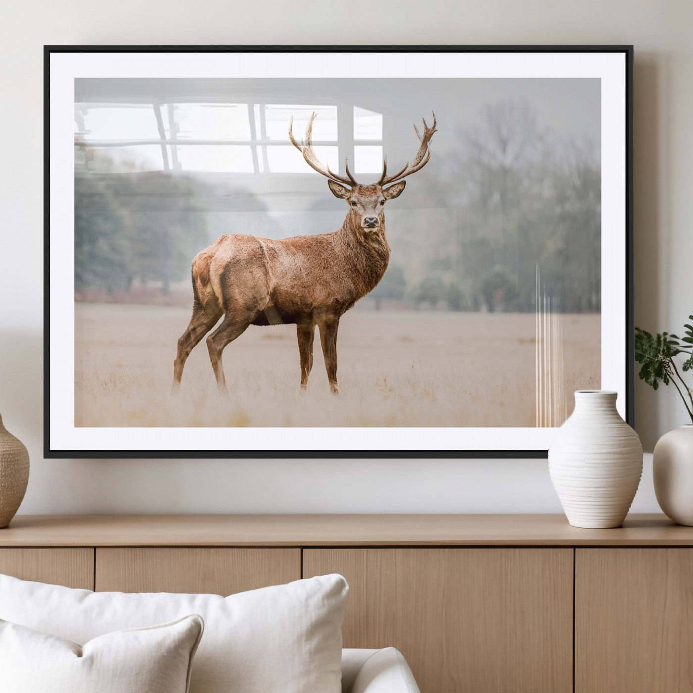 MGC-FP-36x24 - Vintage Wildlife Art Wall Art Canvas Print, Framed Misty Landscape Art Picture Print, Deer Wall Art Perfect Rustic Wildlife Decor Artwork
