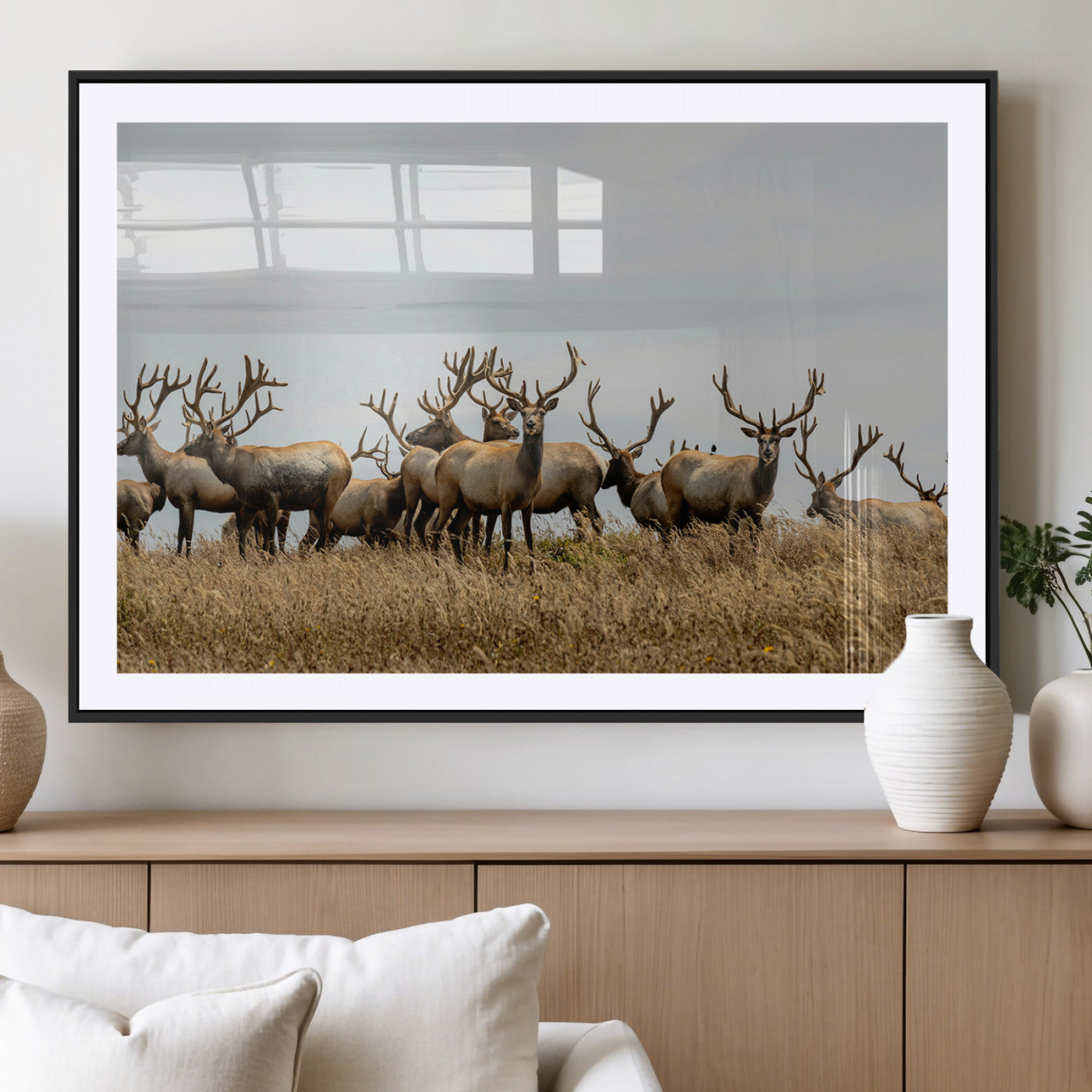 MGC-FP-36x24 - Elk Herd Wall Art Canvas Print, Framed Wildlife Photography Art Picture Print, Majestic Antlers Perfect Rustic Wildlife Decor Artwork