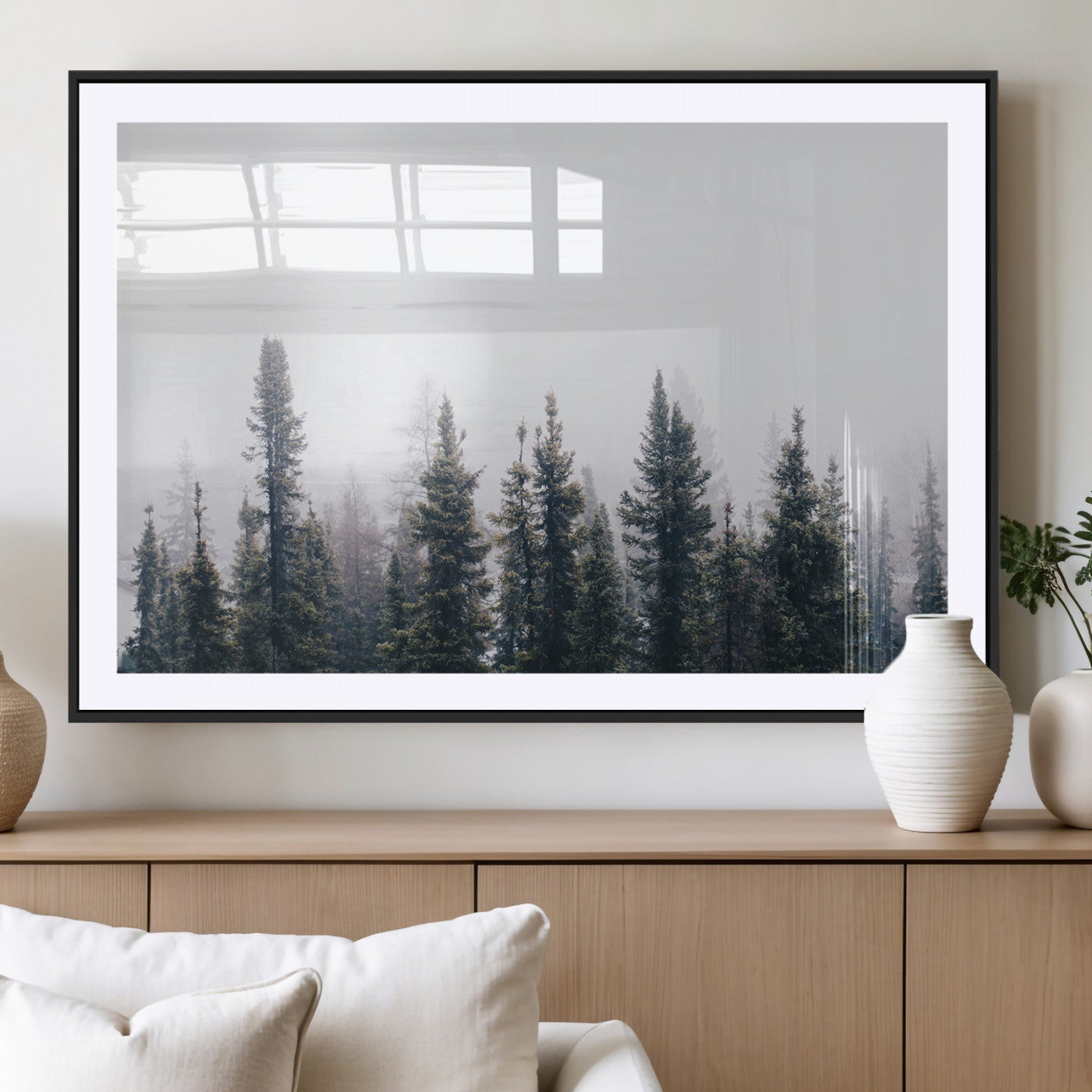 MGC-FP-36x24 - Foggy Forest Wall Art Canvas Print, Framed Misty Pines Art Picture Print, Moody Woodland Perfect Scandinavian Minimalist Decor Artwork