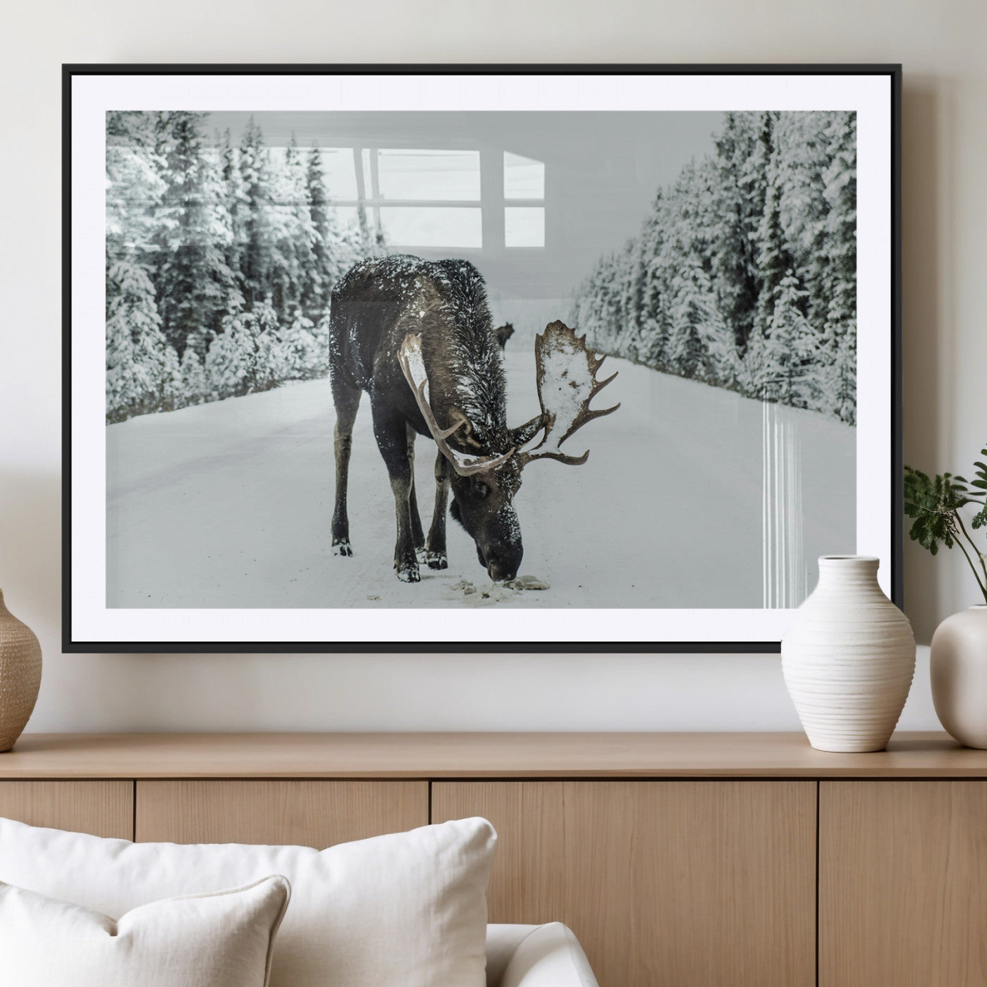 MGC-FP-36x24 - Moose in Snow Wall Art Canvas Print, Framed Winter Wildlife Art Picture Print, Snowy Forest Scene Perfect Rustic Lodge Decor Artwork