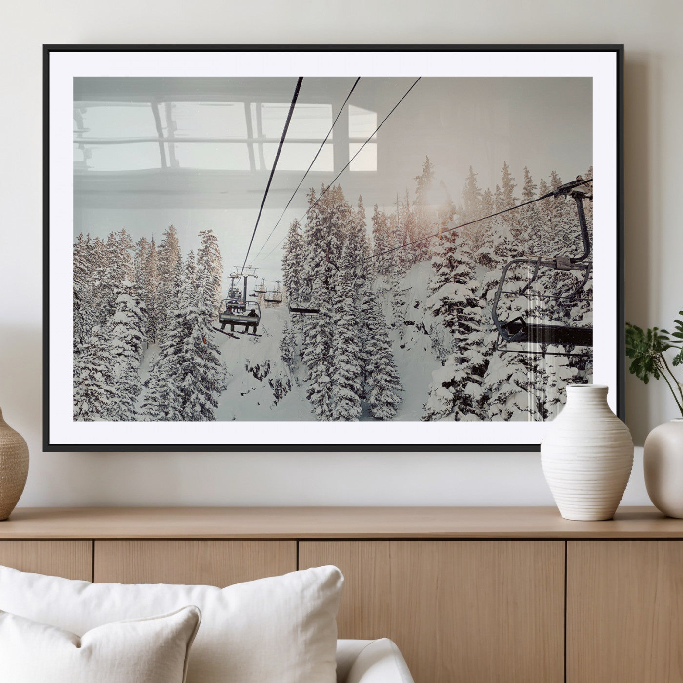 MGC-FP-36x24 - Frosty Pines Wall Art Canvas Print, Framed Cozy Cabin View Art Picture Print, Ski Lift Ride Perfect Rustic Lodge Decor Artwork