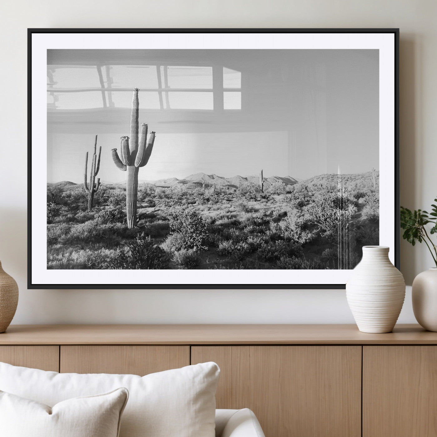 MGC-FP-36x24 - Saguaro Cactus Wall Art Canvas Print, Framed Monochrome Landscape Art Picture Print, Scenic Arizona View Perfect Minimalist Western Decor Artwork