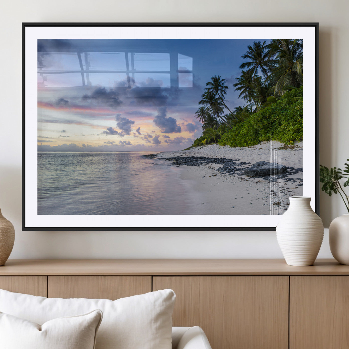 MGC-FP-36x24 - Tropical Beach Wall Art Canvas Print, Framed Sunset Glow Art Picture Print, Palm Tree Coast Perfect Tropical Coastal Decor Artwork