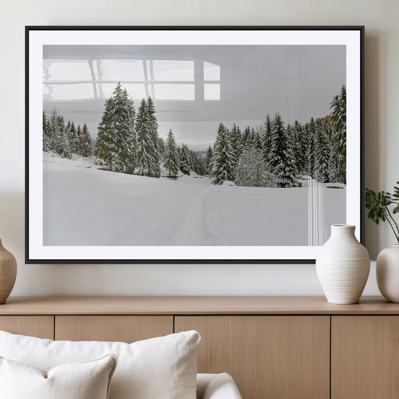 MGC-FP-36x24 - Frosty Pines Wall Art Canvas Print, Framed Silent Snowfall Art Picture Print, Cozy Cabin Vibes Perfect Nordic Minimalist Decor Artwork