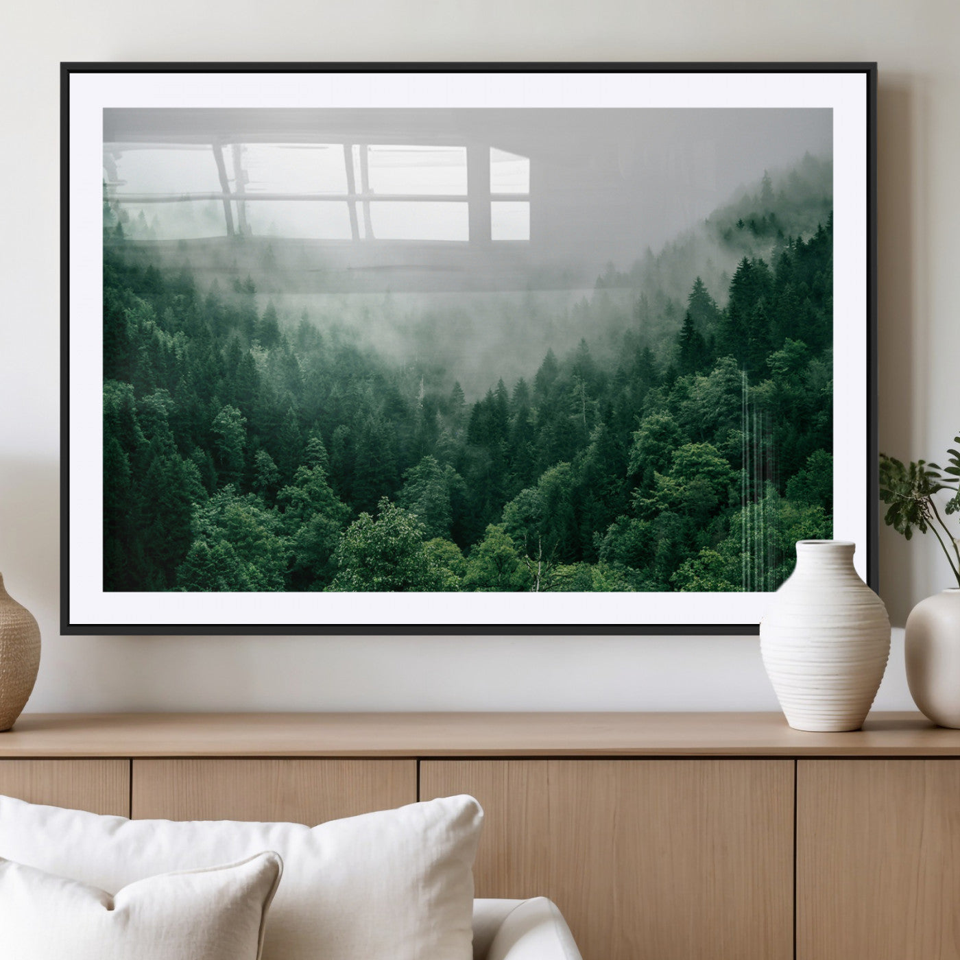 MGC-FP-36x24 - Misty Green Forest Canvas Print – Serene Foggy Pine Landscape Wall Art, Tranquil Nature Decor for