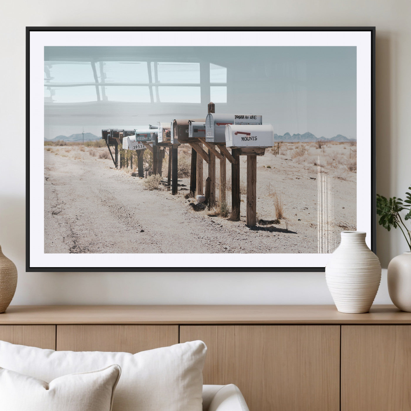 MGC-FP-36x24 - Desert Mailboxes Canvas Print – Minimal Western Landscape Photography, Rustic Americana Wall Art for