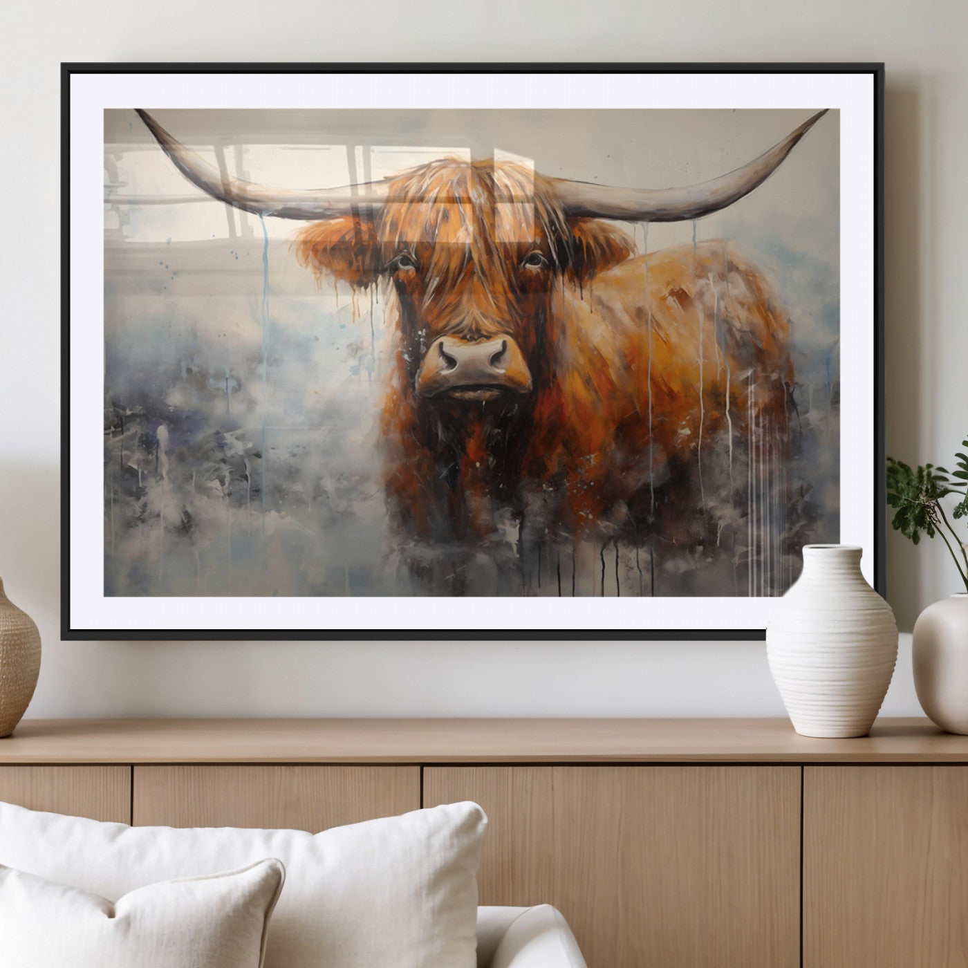 MGC-FP-36x24 - Scottish Highland Wall Art Canvas Print, Framed Longhorn Art Picture Print, Western Cow Perfect Farmhouse Decor Artwork
