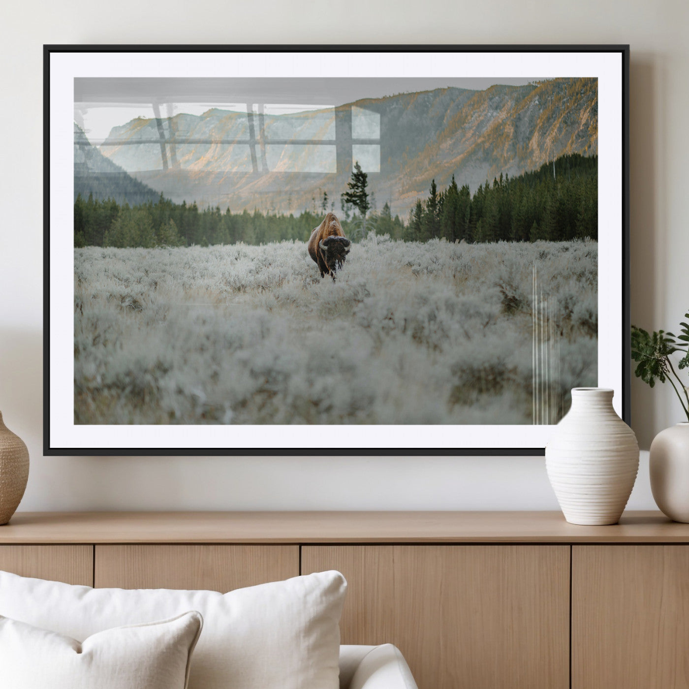 Lone bison standing in a frosted sagebrush field with a pine forest and rugged mountain range in the background under soft morning light – Wall Art Canvas Print.