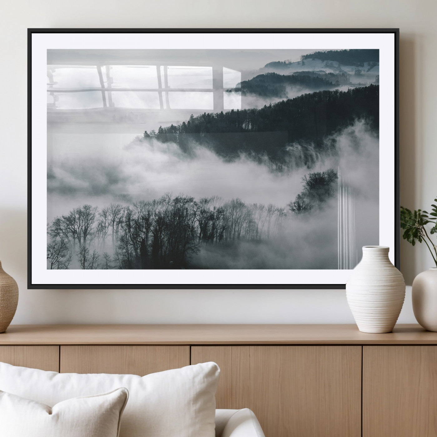MGC-FP-36x24 - Foggy Forest Landscape Wall Art Canvas Print – Misty Mountain Valley Scene in Monochrome Tones,