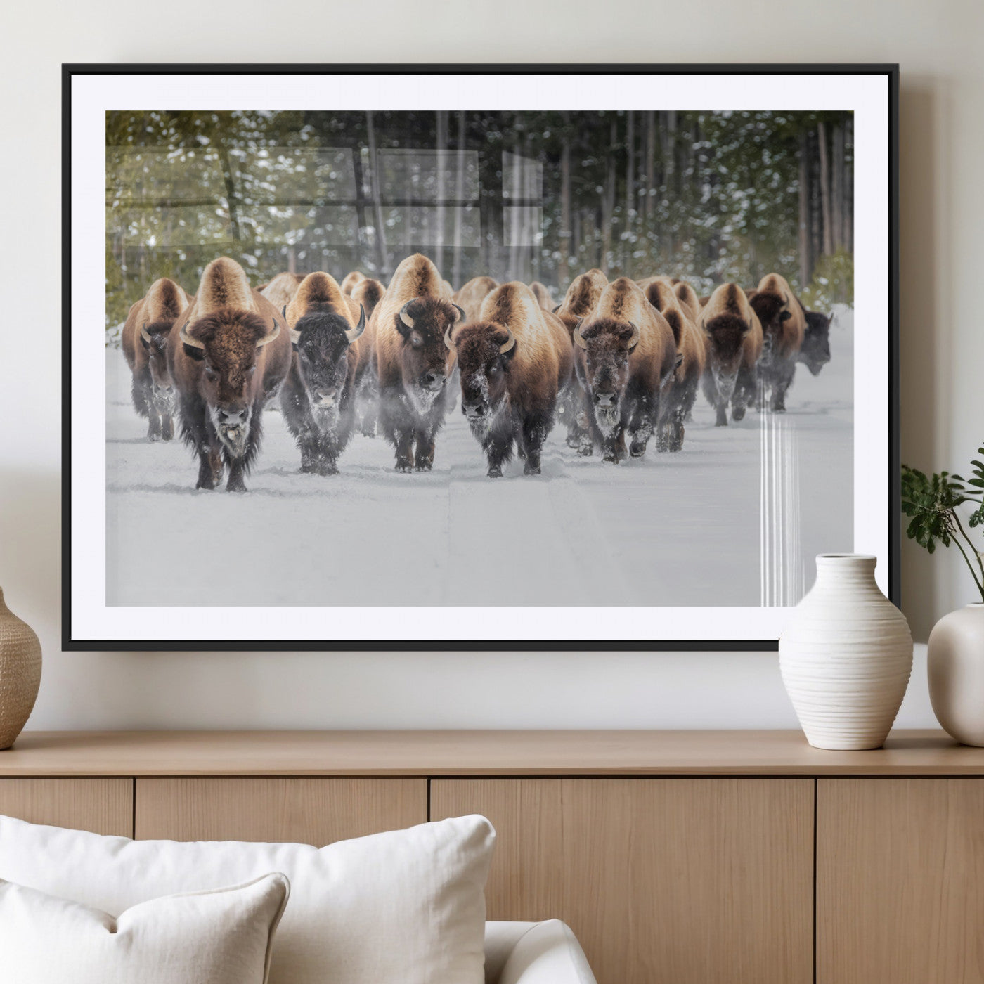 American Bison Herd in Snow Wall Art Canvas Print – Powerful Winter Wildlife Scene with Buffalo in Motion, Perfect for Rustic Lodge or Western Cabin Decor