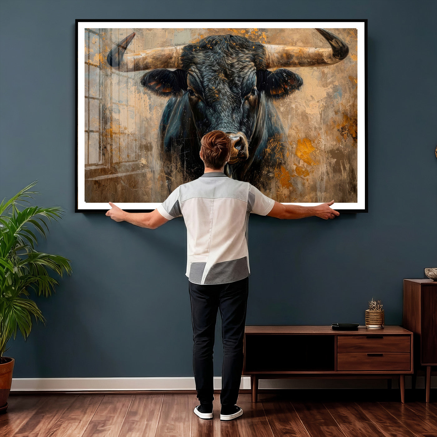 91615410-MGV-CV-36X24 - Abstract Texas Longhorn Bull Wall Art – Rustic Farmhouse Canvas Print, Western Cabin Style Decor, Large Animal Artwork for Living Room or Office