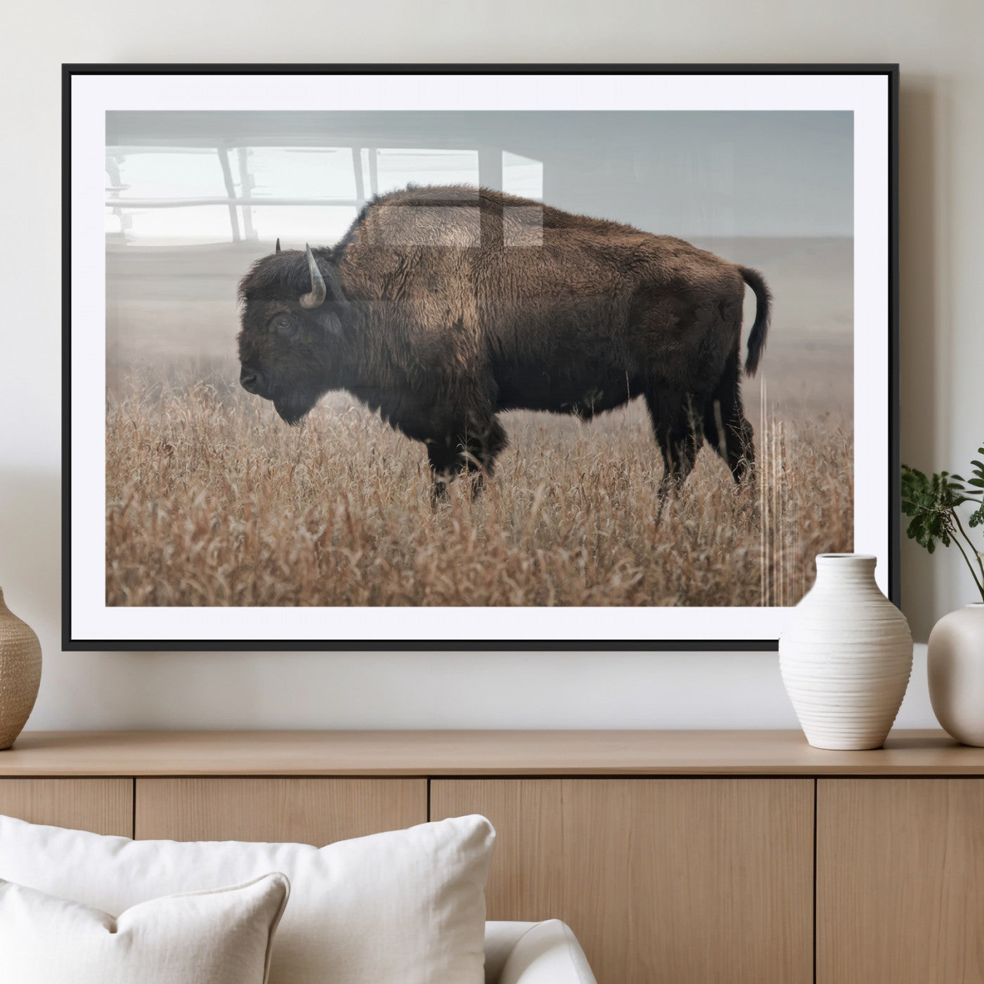 MGC-FP-36x24 - American Bison in Field  Wall Art Canvas Print – Powerful Winter Wildlife Scene with Buffalo in