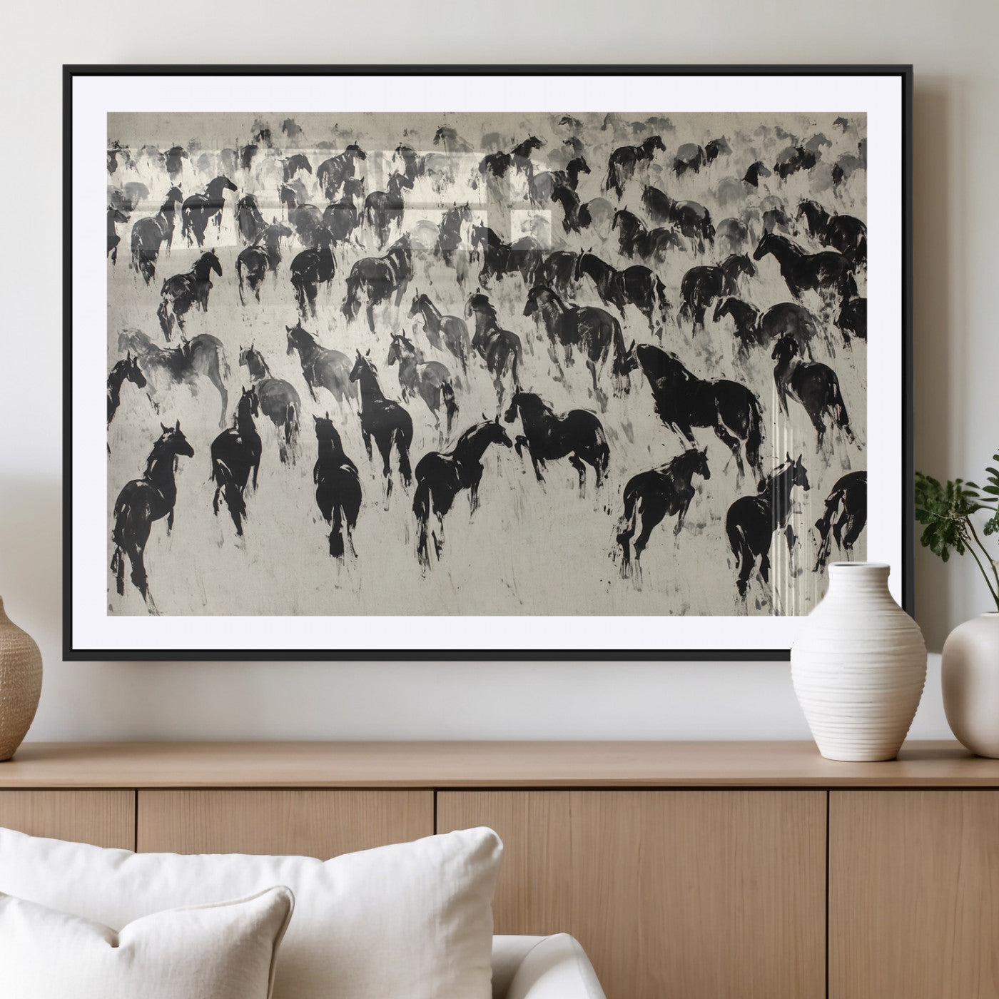 MGC-FP-36x24 - Wild Horse Stampede Wall Art Canvas Print – Monochrome Ink Brush Painting of Running Horses, Perfect