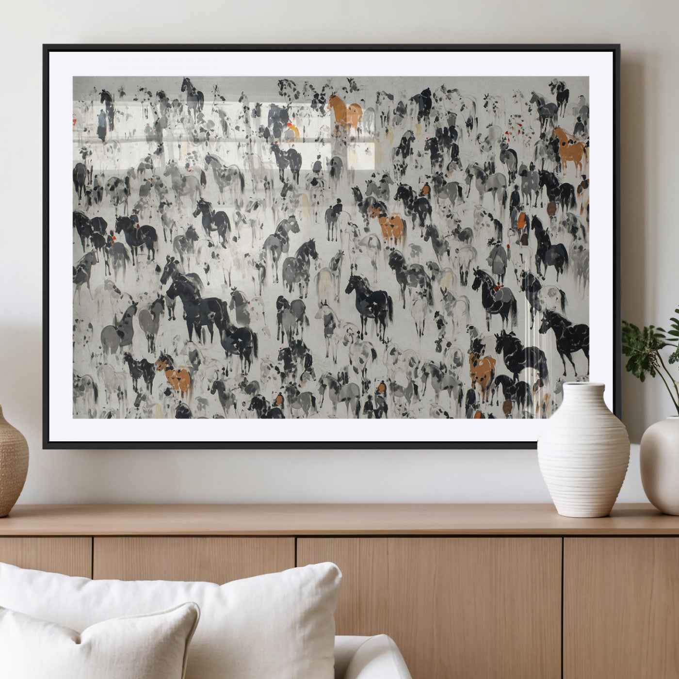 MGC-FP-36x24 - Wild Horse Stampede Wall Art Canvas Print – Monochrome Ink Brush Painting of Running Horses, Perfect